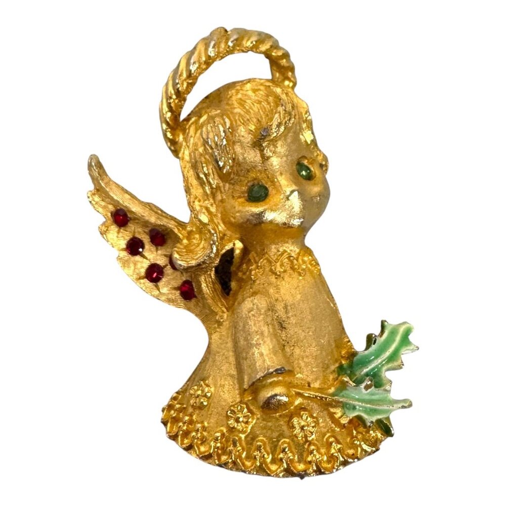 Vintage MYLU Gold Tone Angel Brooch Ruby Red Rhinestones Holiday Christmas Pin